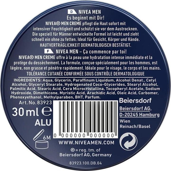 Valori nutrizionali e ingredienti Nivea Men Crema (30 ml, Crema 24h)