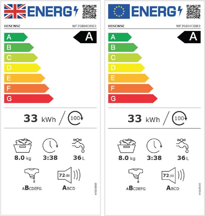 Energie-Label Hisense Waschmaschine WF3S8043BB3 8kg A-30% (8 kg, Links)