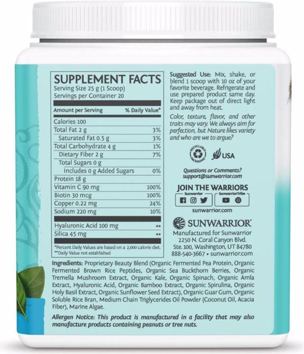 Valeurs nutritives et ingrédients Sunwarrior Peptides protéiques de construction du collagène naturel (1 pièce(s), Poudre, 500 g)