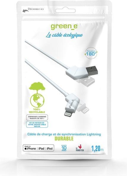 Produktbild Green_e Cable Lightning Mfi Embout Rotatif 1m20 Blanc (1.20 m, USB 2.0)