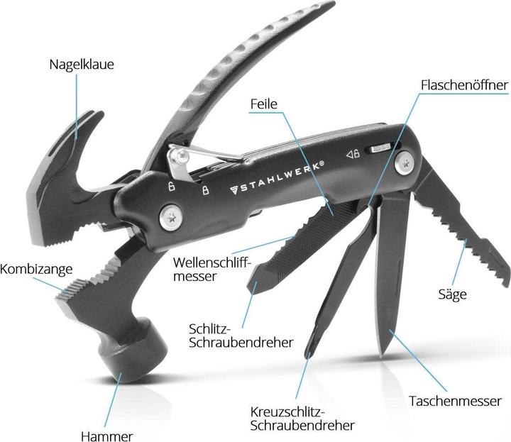 Produktbild Stahlwerk Multitool 12 Tools Taschenmesser Multifunktionswerkzeug Taschenlampe (12 Funktionen)
