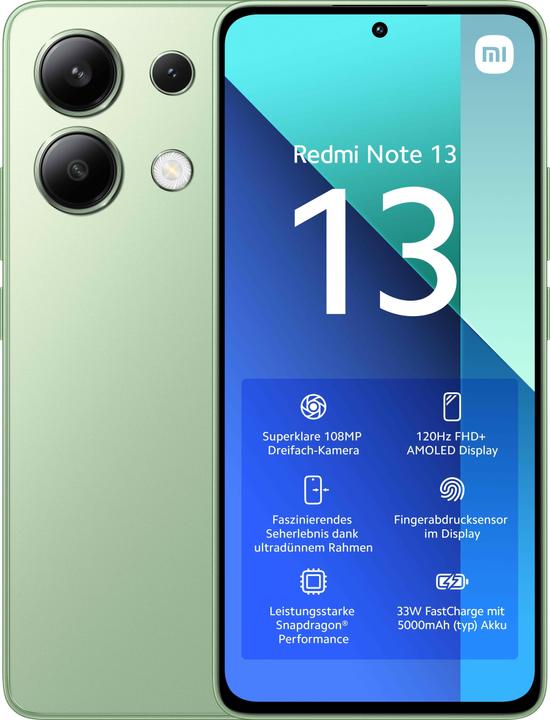 Produktbild Xiaomi Redmi Note 13 (128 GB, Mint Green, 6.67", Hybrid Dual SIM, 108 Mpx, 4G)
