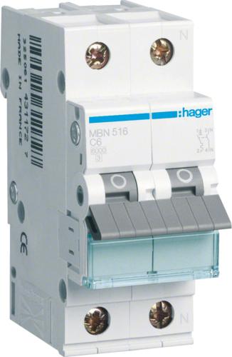 Hager MBN516. Anzahl der Pole: 2P. AC Eingangsfrequenz: 50/60 Hz, Nominale Stromabgabe: 16 A