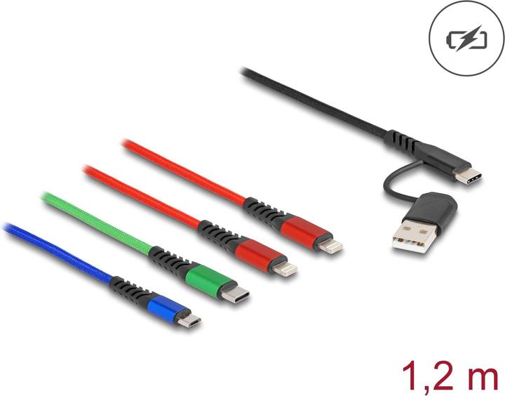 Produktbild Delock USB Ladekabel 10,20cm (4"") 1 USB Typ-A + USB-C™ zu 2 x Lightning™ / Micro USB / USB Type-C™ 1,20 cm (1.20 m, USB 2.0)