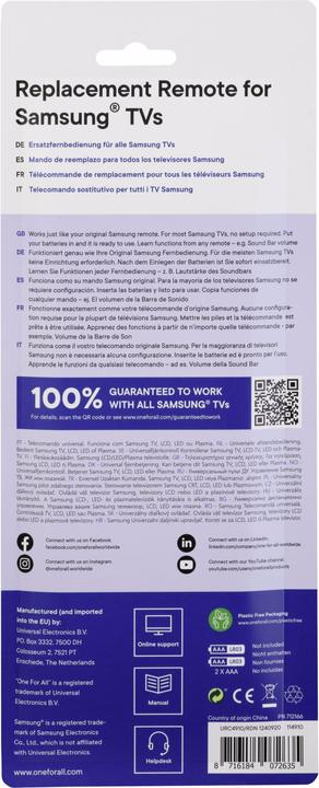 Produktbild One for All URC 4910 - Samsung Ersatzfernbedienung (Universal Fernbedienung, Infrarot)