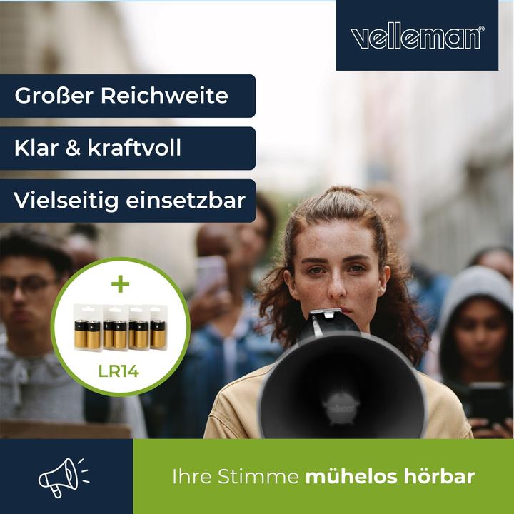 Image du produit Velleman Set (MP66S+ LR14*4) mit leistungsstarkem 50-W-Megaphon mit Sirene und 8 x 1,5-V-Alkali-C-Batterien (Porte-voix)