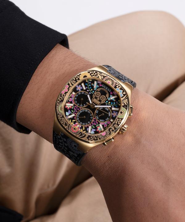 Actual product image Guess BR GLD CS W/ DIGITAL PRINTED TR / SUN BLK MF DL / BLK SILICONE STRP W/ PRINTING Wristwatch (44 mm)