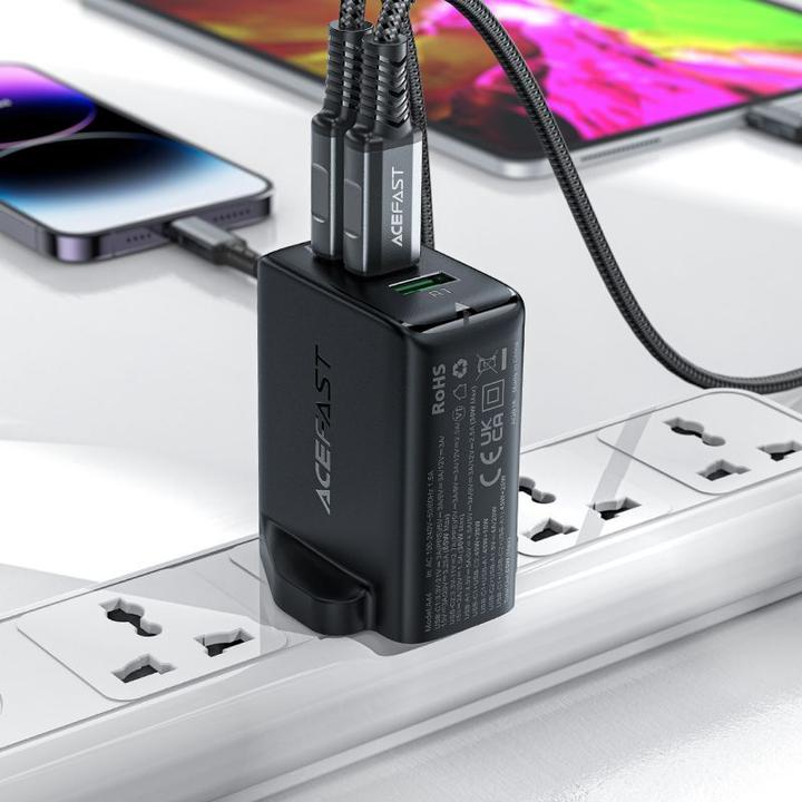 Actual product image Acefast charger GaN 65W 3 ports (1xUSB, 2xUSB C PD) UK plug black (A44) (65 W)