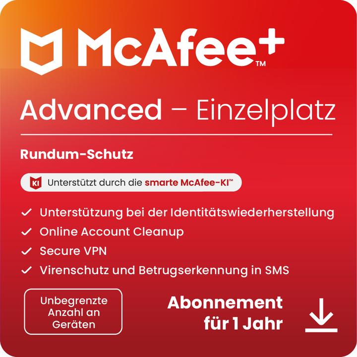 Actual product image McAfee + Advanced Einzelplatz (Unbegrenzte Anzahl von Geräten) (1 User, 1 Devices/Users, 12 months)