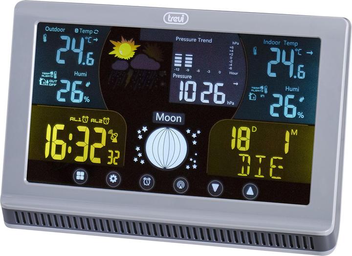 Actual product image Trevi Weather station with large LCD colour display, touch controls, radio-controlled 12/24, barometer