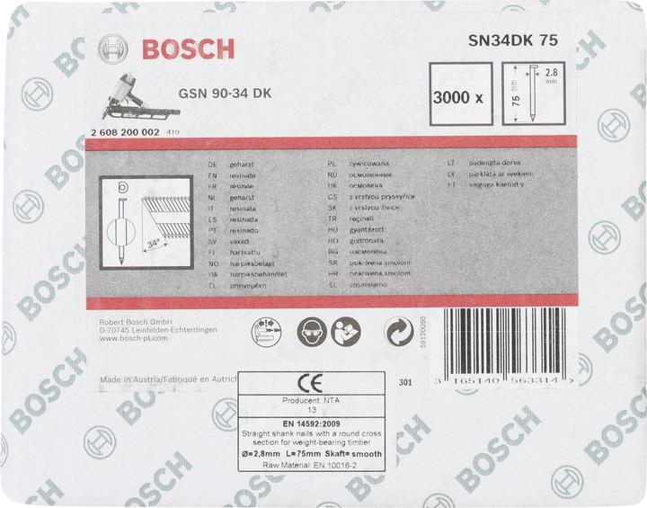 Image du produit Bosch Professional Zubehör Clou en bande à tête en D SN34DK 75, 2,8 mm, 75 mm, nu, lisse
