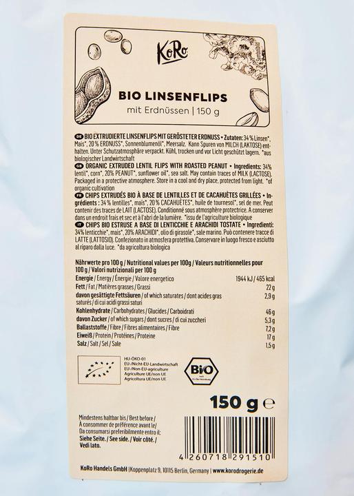Nutritional values and ingredients KoRo Organic extruded lentil flips with roasted peanuts (2250 g)