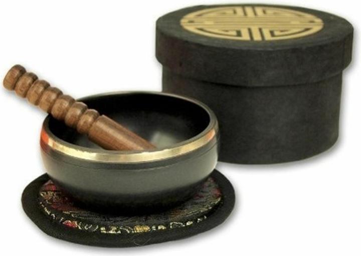 Image du produit Klangschalen-Center Petits bols chantants noirs dans une boîte ronde noire avec impression Longevity (Bol chantant)