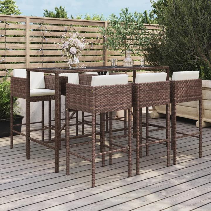 Immagine prodotto VidaXL Set bar da giardino 7 pezzi con cuscini in Poly Rattan marrone (48 cm)