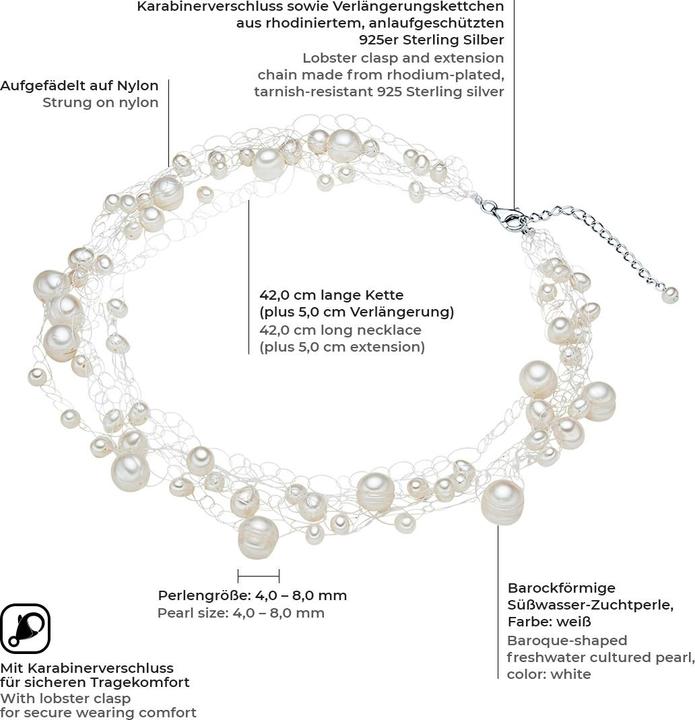 Immagine prodotto Valero Pearls Catena da donna in argento con perle d'acqua dolce 42,0 cm + 5,0 cm di estensione - 2882 (Argento, 42 - 47 cm)