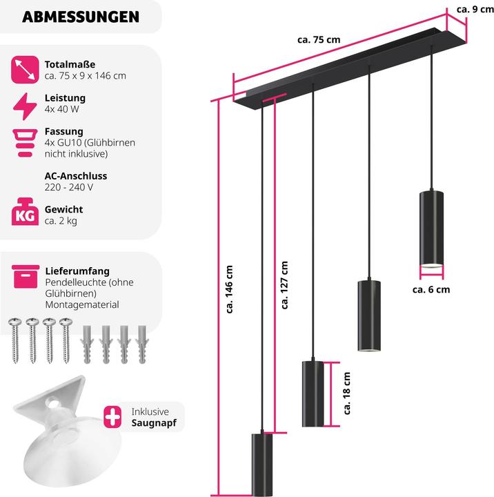 Image du produit tectake Plafonnier Lumea, 4 lampes, câbles réglables en longueur (GU10)