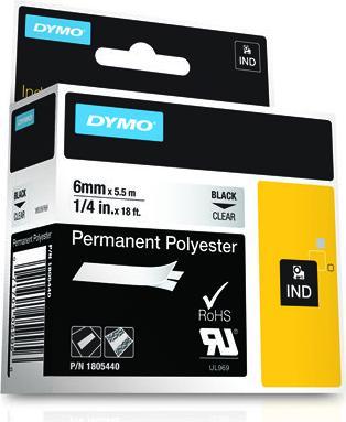 Produktbild Dymo Rhino 6mm schwarz auf Hell Perm Poly (0.60 cm, Transparent)