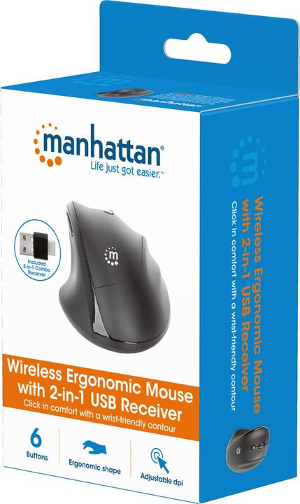 Actual product image Manhattan Ergonomic wireless mouse with 2-in-1 USB receiver (Wireless)