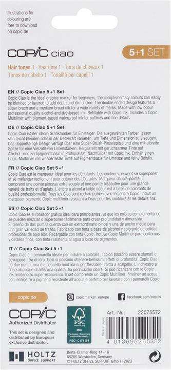 Produktbild Copic Marker ciao, 5+1 Set "Hair Tones 1" (Gelb, Braun, Chamois, 0.30 mm, 6 x)
