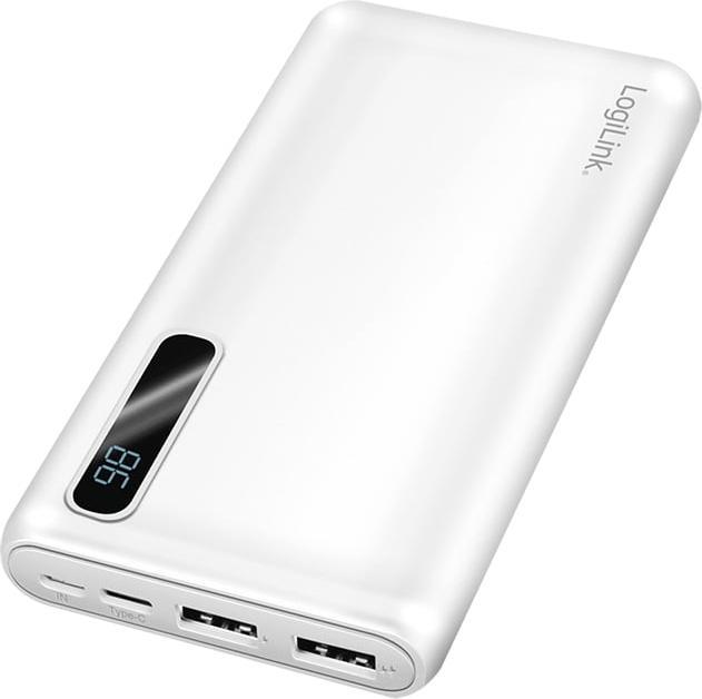 Produktbild LogiLink Powerbank 10000 mAh, 2x USB-A, 2-in-1 Kabel, mit Display, weiss (10000 mAh)