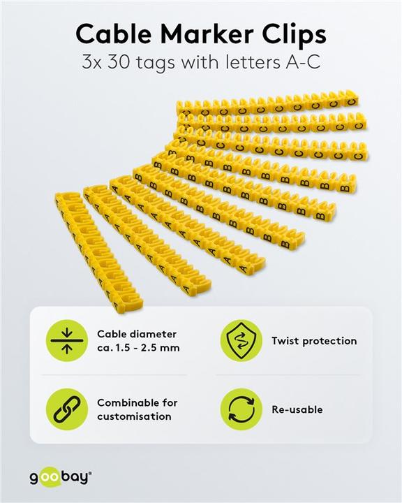 Image du produit Goobay Clips marqueurs de câble "lettres A-C", pour diamètre de câble jusqu'à 2,5 mm, 2.5 mm