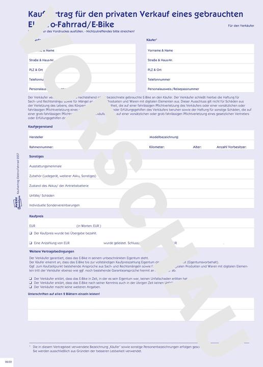 Actual product image Avery Contract of sale for the private sale of a used electric bicycle/e-bike (4 x)