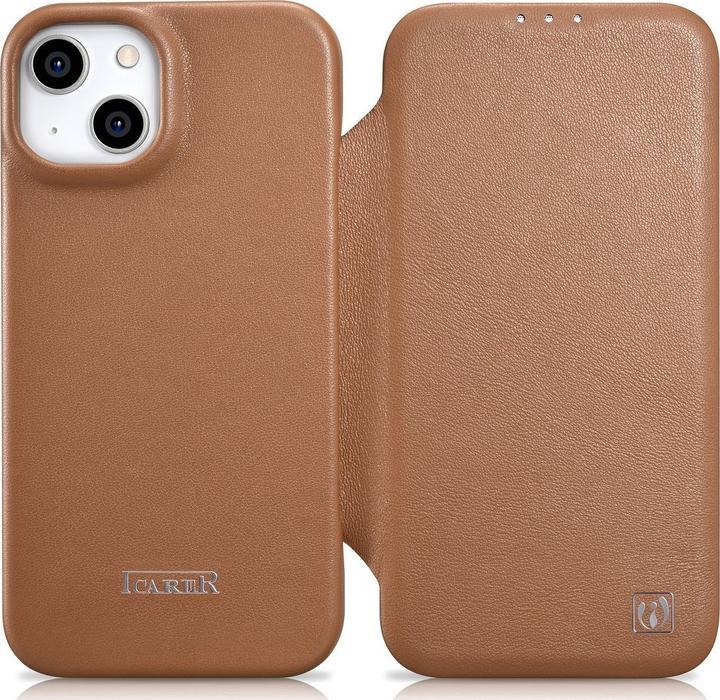Image du produit iCarer CE Premium Leather Folio Case iPhone 14 Plus Magnetic Flip Leather Folio Case MagSafe Brown ( (Apple iPhone 14 Plus)