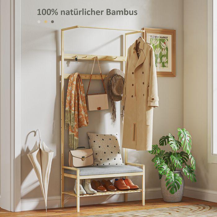 Actual product image Swisshandel24 Garderobenständer mit Schuhbank, Kleiderständer mit Haken, Schuhregal, Natur