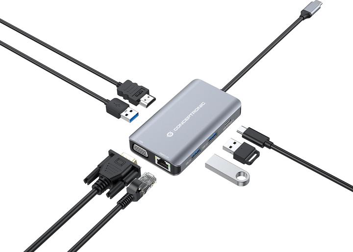 Produktbild Conceptronic Dock USB-C->HDMI,VGA,GbE,3xUSB3.0,100WPD 0.25m (USB-C, 6 Ports)