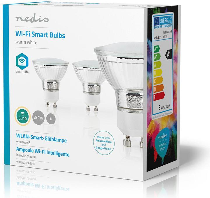Produktbild Nedis SmartLife-LED-Glühbirne | Wi-Fi | GU10 | 330 lm | 5 W | Warmweiss | 2700 K | Energieklasse: A+ (GU10, 5 W, 330 lm, 3 x, G)