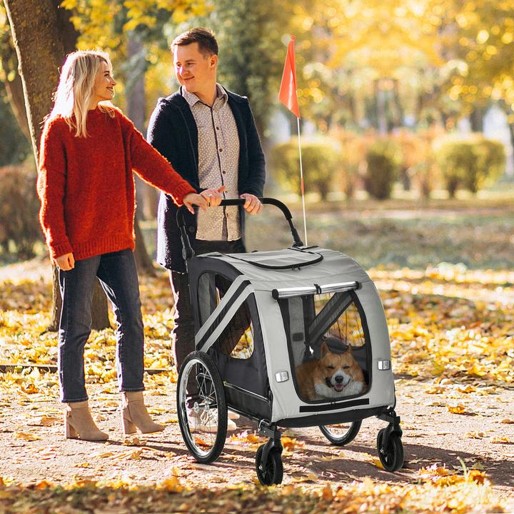 Produktbild PawHut 2-in-1 Hundewagen und Anhänger mit Luftpumpe und roter Fahne
