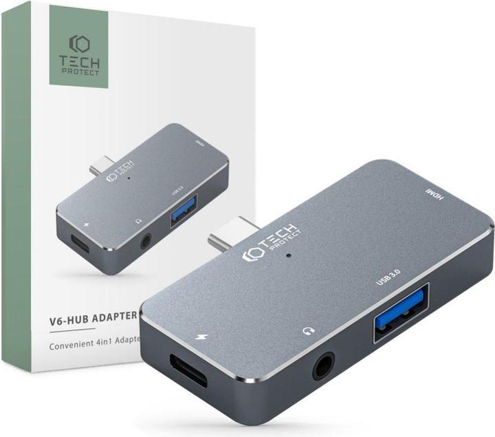 Image du produit Tech-Protect HUB V6 4en1 USB-C - USB-A 3.0 / USB-C PD100W / HDMI / mini jack 3.5mm - gris (USB-C, 4 Ports)