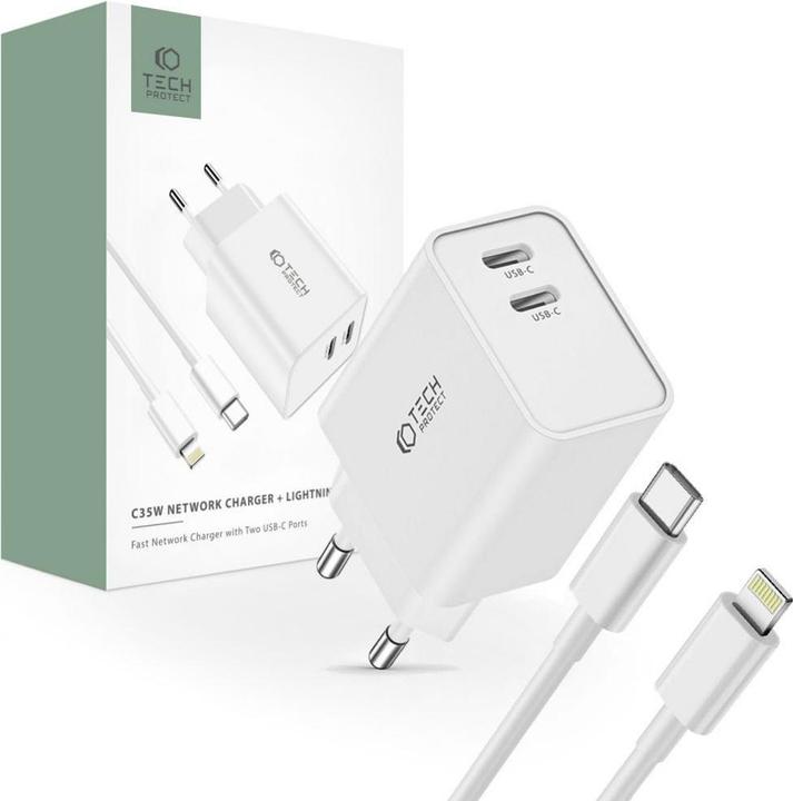 Actual product image Tech-Protect C35W 2x USB-C PD 35W network charger with USB-C / Lightning cable - white (35 W)