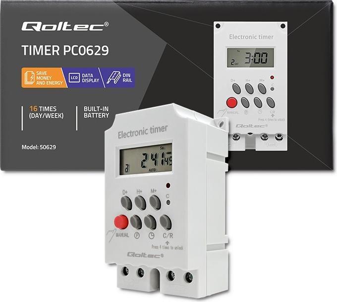 Produktbild Qoltec Elektroniczny programator czasowy PC0629 na szynę DIN | LCD