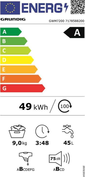 Label énergétique Grundig Lave-linge WM7200, 9kg, A, blanc (9 kg)