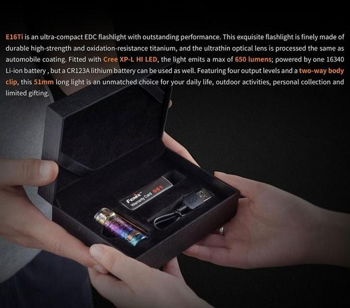 Image du produit Fenix E16 Ti Titan lampe de poche LED avec batterie li-ion et câble de recharge micro-USB (5.10 cm, 650 lm)