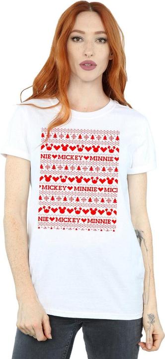 Actual product image Disney Womens/Ladies Mickey And Minnie Christmas Fair Isle Cotton Boyfriend T-Shirt (S)