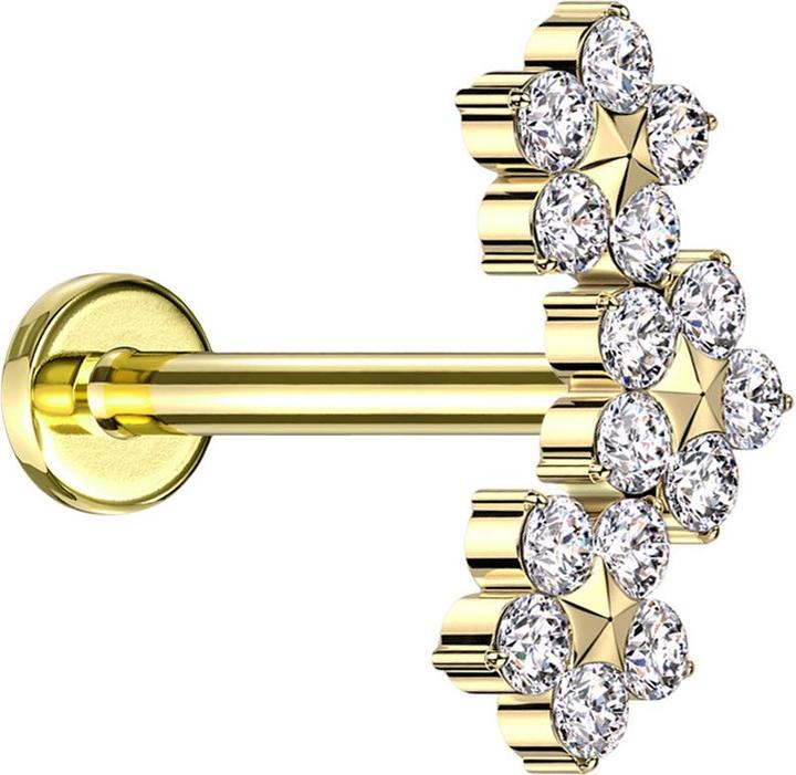 Star Piercing Micro Labret Innengewinde vergoldet drei Blumen mit Stern Kristalle silber (ohne Messing, Titan G23)