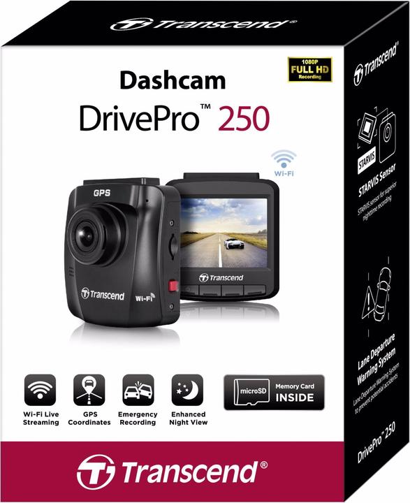 Actual product image Transcend DrivePro 250 incl. 32GB microSDHC TLC (Rechargeable battery, Built-in display, Bluetooth, Wi-Fi, GPS receiver, Full HD)