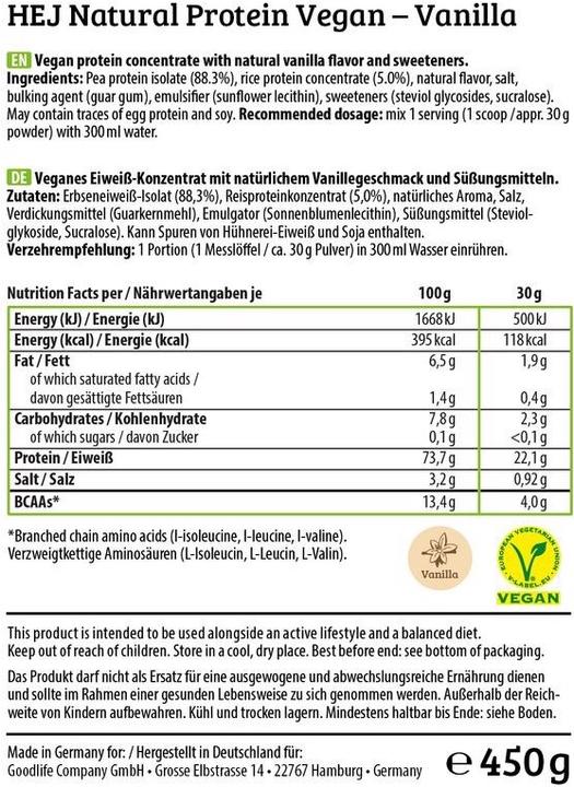 Nutritional values and ingredients HEJ Nutrition Protein Vegan (450g) (Chocolate, Vanilla, 1 pcs., 450 g)
