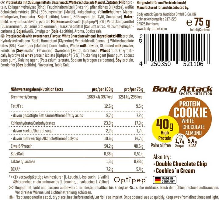 Valeurs nutritives et ingrédients Body Attack Cookie aux protéines (75g) (Double Chocolate Chip, Chocolat blanc, 1 pcs, 75 g)