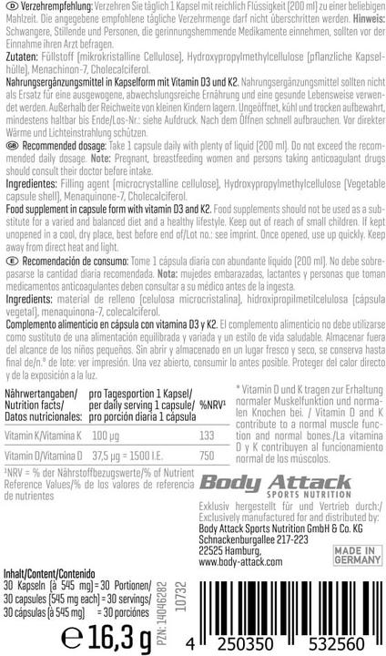 Valeurs nutritives et ingrédients Body Attack Vitamin D3 + K2 (30 pièce(s), Capsules, 16.30 g)