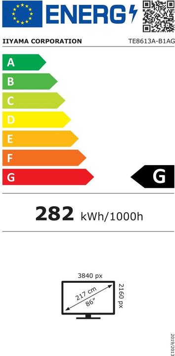 Energy Label iiyama 217.4cm(86") TE8613A-B1AG 16:9 M-Touch 2xHDMI+USB-C (Speditionsversand) (3840 x 2160 Pixels, 85.60")