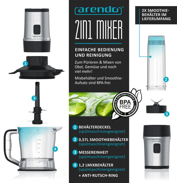 Produktbild Arendo Standmixer 700 W, Edelstahl Mixer & Zerkleinerer 1,2L 2IN1 inkl. 2x Mixbehälter je 0,57L (1200 ml, 700 W)