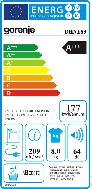 Label énergétique Gorenje DHNE83 (8 kg)