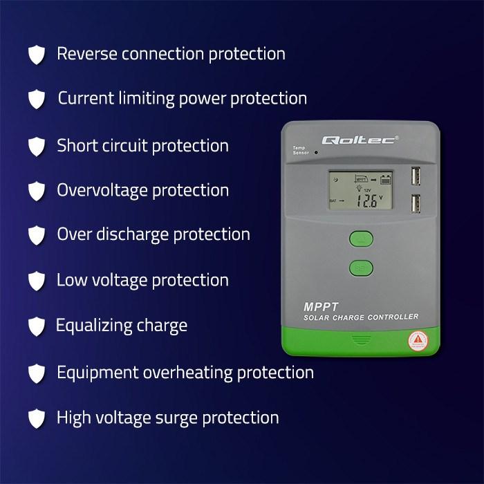 Produktbild Qoltec Solar MPPT Laderegler mit Temperatursensor 20A |12V/24V | LCD-Anzeige | 2 x USB