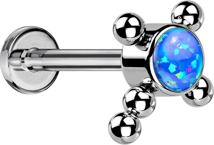 Star Piercing Micro Threadless Labret silber Kreuz Kugeln Opal blau (ohne Messing, Titan G23)