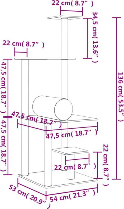 Produktbild VidaXL Kratzbaum mit Sisal-Kratzsäulen Dunkelgrau 136 cm,Farbe (136 cm, Dunkelgrau)
