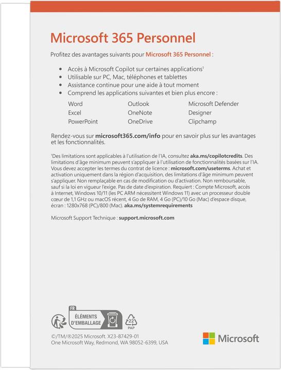 Immagine prodotto Microsoft 365 Personal (francese) (1 Dispositivi, 12 mesi)