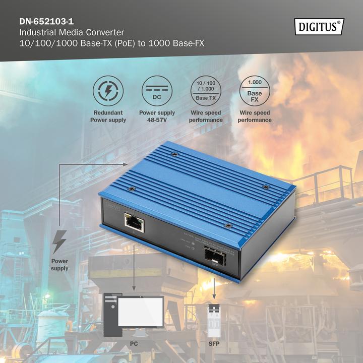 Produktbild Digitus 10/100/1000 Base-TX to 1000 Base-FX Industrial Media Converter (2 Ports)